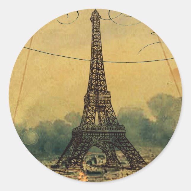 Steampunk Eiffel Tower & Hot Air Balloon Classic Round Sticker (Front)