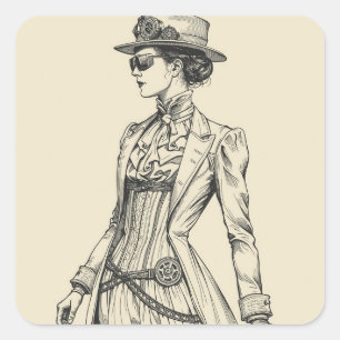 Steampunk Elegance: Intricate Black & White Fashio Square Sticker