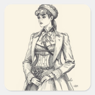 Steampunk Elegance: Intricate Black & White Fashio Square Sticker