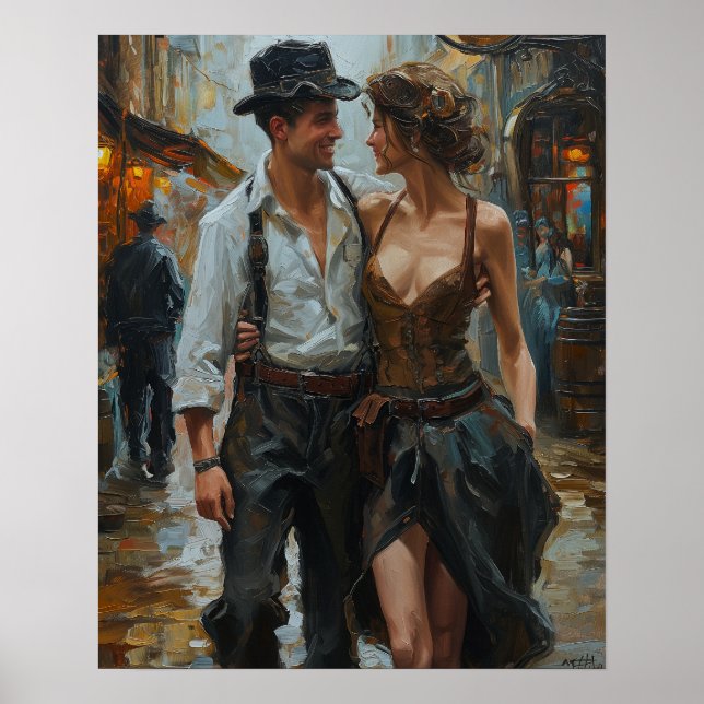 Steampunk Embrace - Victorian Lovers Watercolor Poster (Front)