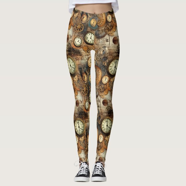 Steampunk Engineering Blueprint Brown Brass Leggings (Front)