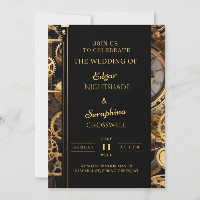 Steampunk Extravaganza Vintage Clockwork Wedding Invitation (Front)