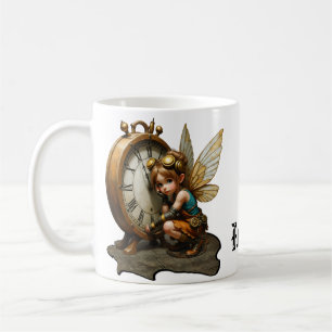 Steampunk Fairy with Golden Wings & Antique Clock Coffee Mug