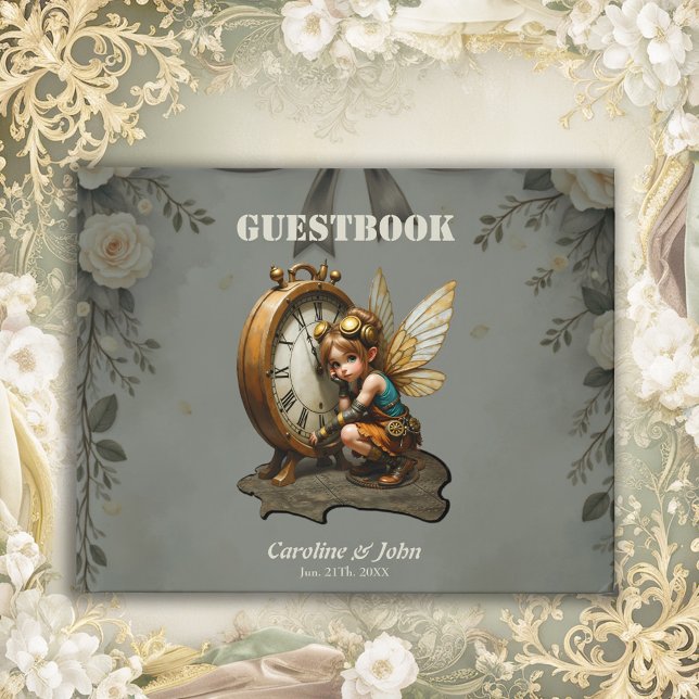Steampunk Fairy with Golden Wings & Antique Clock  Guest Book (Creator Uploaded)