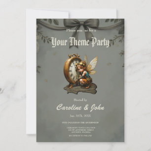 Steampunk Fairy with Golden Wings & Antique Clock  Invitation