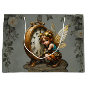 Steampunk Fairy with Golden Wings & Antique Clock Large Gift Bag