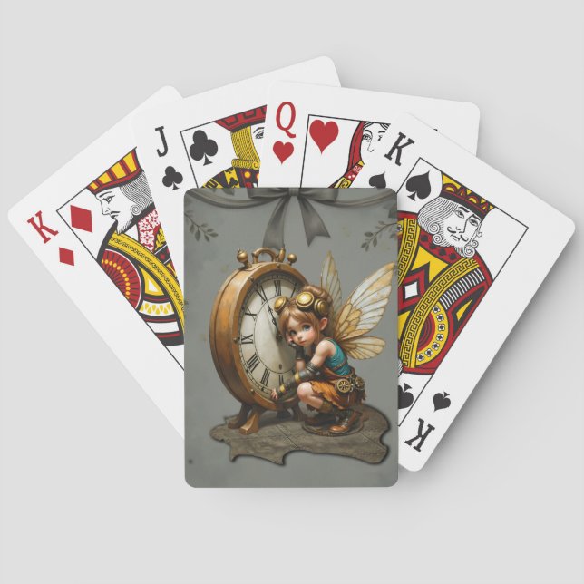 Steampunk Fairy with Golden Wings & Antique Clock  Playing Cards (Back)