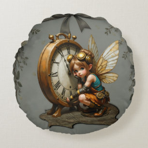 Steampunk Fairy with Golden Wings & Antique Clock Round Cushion