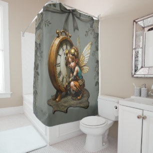 Steampunk Fairy with Golden Wings & Antique Clock Shower Curtain