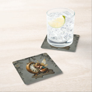 Steampunk Fairy with Golden Wings & Antique Clock Square Paper Coaster