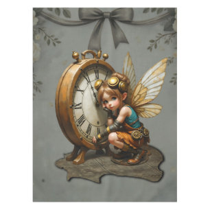 Steampunk Fairy with Golden Wings & Antique Clock  Tablecloth