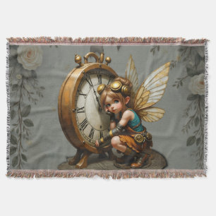 Steampunk Fairy with Golden Wings & Antique Clock Throw Blanket