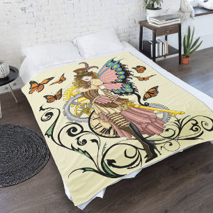 Steampunk Fairy Yellow Clock Gears Fleece Blanket