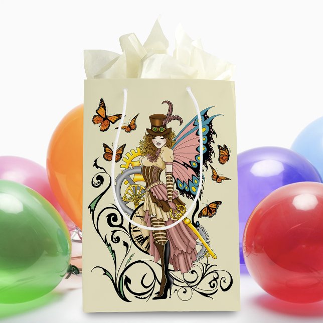 Steampunk Fairy Yellow Clock Gears Medium Gift Bag (Creator Uploaded)