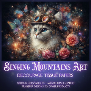 Steampunk Fantasy Cat Butterflies Decoupage  Tissue Paper