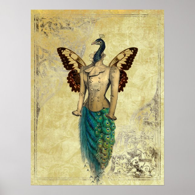 Steampunk Fantasy Peacock Gold Poster (Front)