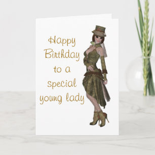 Steampunk fashion birthday card for young lady