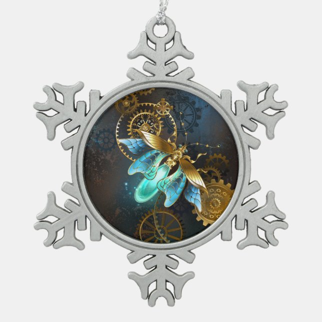 Steampunk Firefly Snowflake Pewter Christmas Ornament (Front)