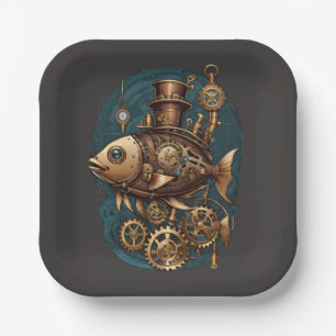 Steampunk Fish Vintage Retro Style Paper Plate
