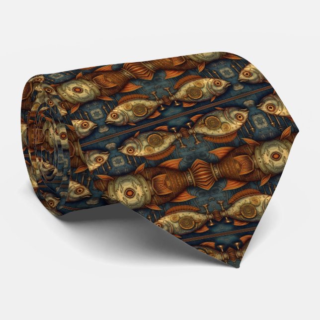Steampunk Fishes pattern Tie (Rolled)