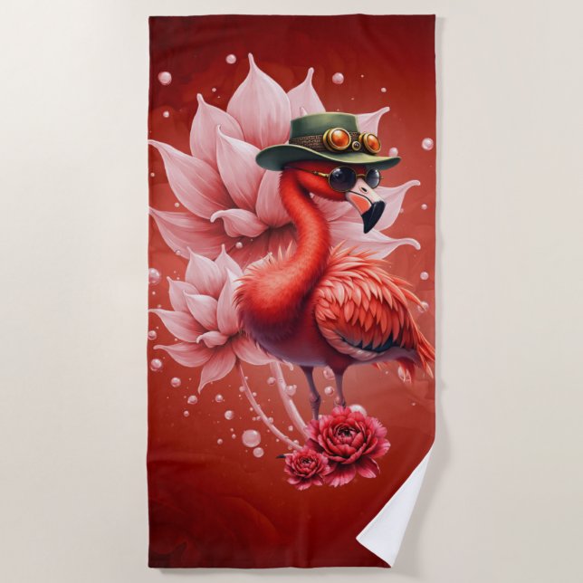 Steampunk Flamingo – Fantasy Digital Artwork  Beach Towel (Front)