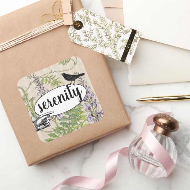 Steampunk Floral Black Bird  Barn Wood Grain Square Sticker (Gifting)