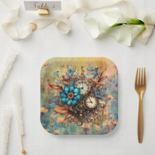 Steampunk Floral Decorative Paper Plate