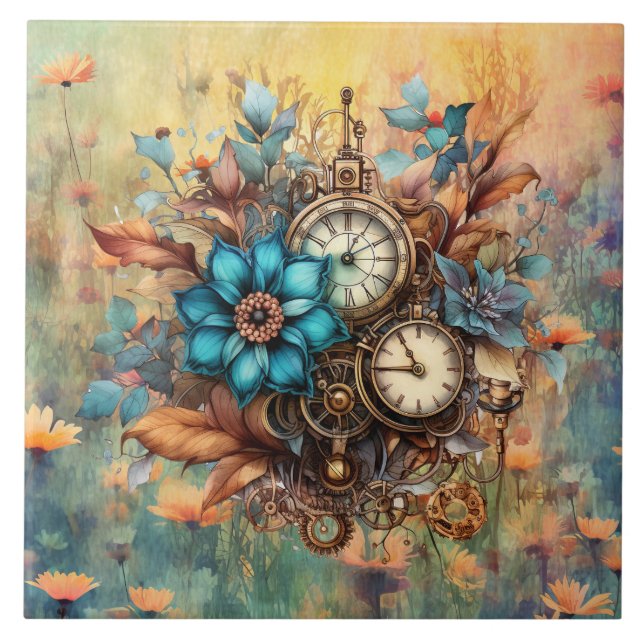 Steampunk Floral Decorative Tile (Front)
