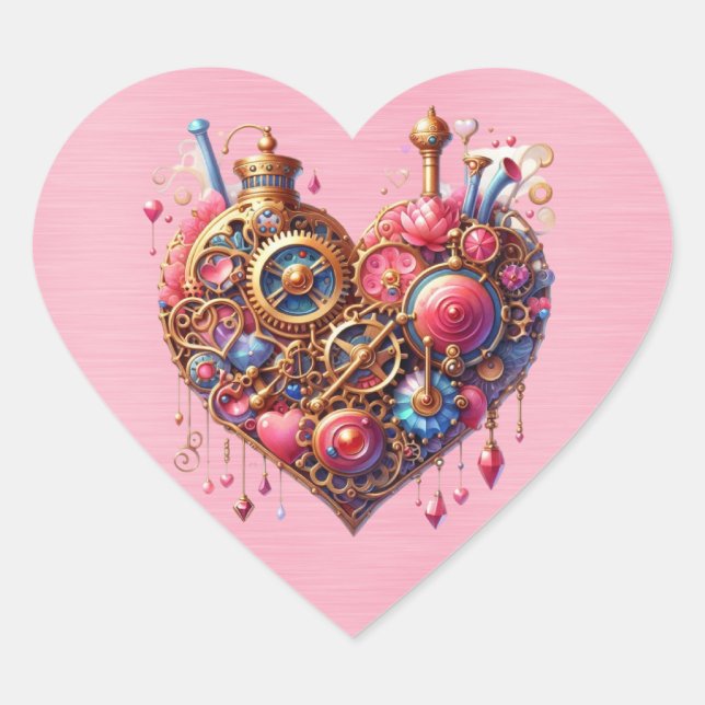  Steampunk Floral Pink and Gold Heart Heart Sticker (Front)