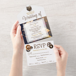 Steampunk, Flowers and Feathers Wedding  All In One Invitation
