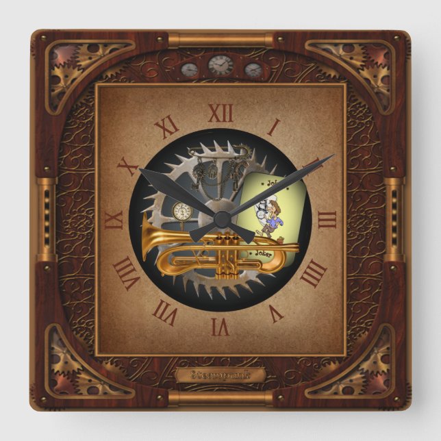 Steampunk Flumpet ~ Flügelhorn and Trumpet ~  Square Wall Clock (Front)