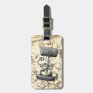 Steampunk Flying Boat on Zodiac Map with Initials Luggage Tag