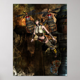 steampunk flying girl poster