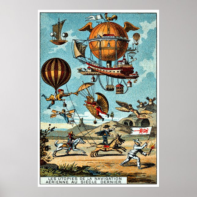 Steampunk flying machines, vintage illustration poster (Front)