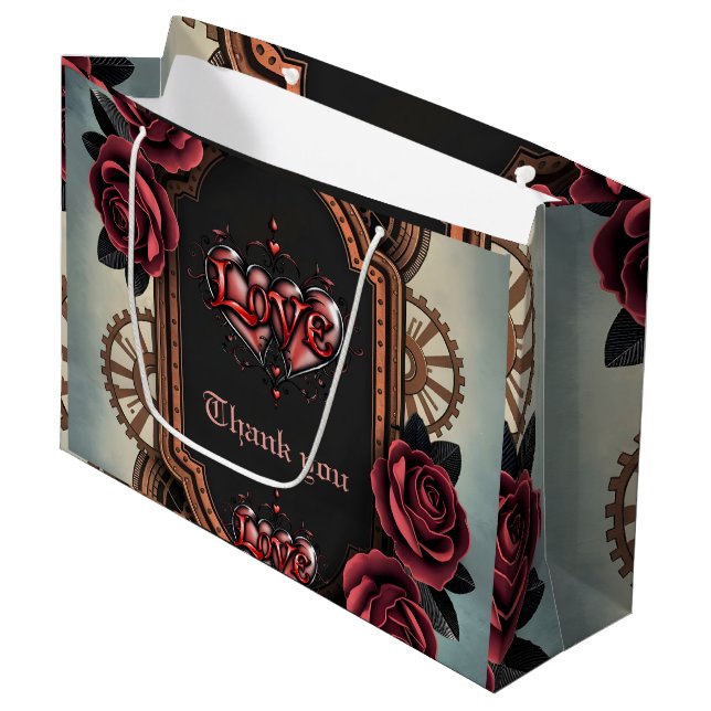 Steampunk Frame with Red Roses and Gears Large Gift Bag (Front Angled)