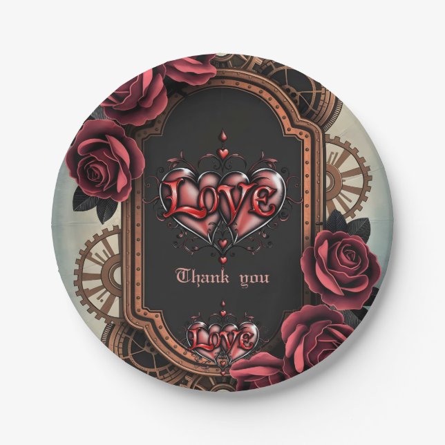 Steampunk Frame with Red Roses and Gears  Paper Plate (Front)