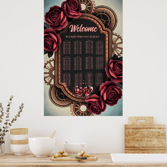 Steampunk Frame with Red Roses and Gears  Poster (Kitchen)