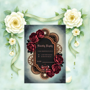 Steampunk Frame with Red Roses and Gears RSVP Card