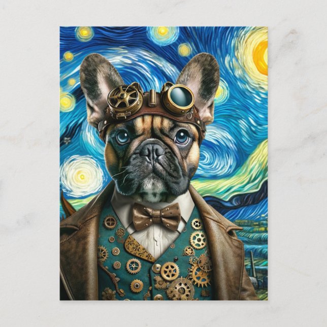 Steampunk French Bulldog in the Starry Night Postcard (Front)