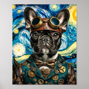 Steampunk Frenchie in the Starry Night Poster