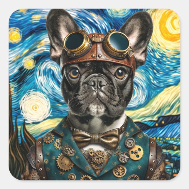 Steampunk Frenchie in the Starry Night Square Sticker (Front)