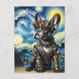 Steampunk Frenchie Puppy in the Starry Night Postcard
