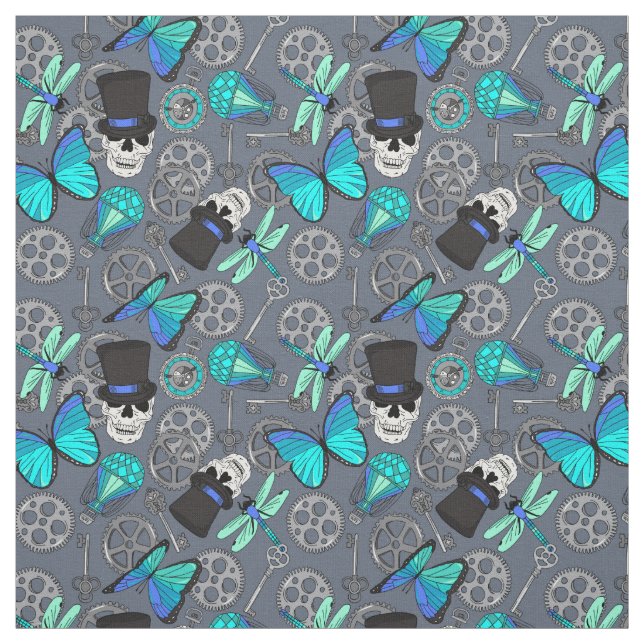 Steampunk Funky Gothic Grey and Blue Patterned Fabric (Swatch)