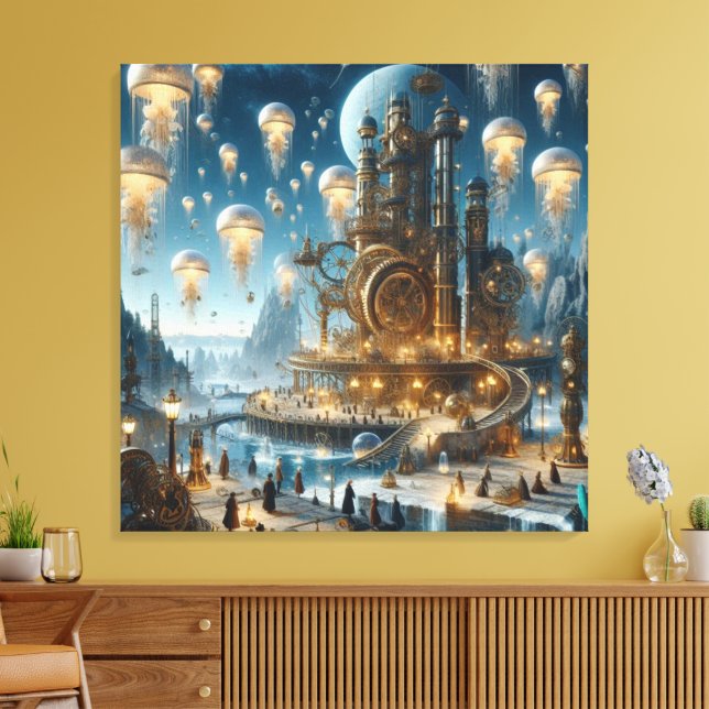 Steampunk Futuristic Ancient City with Jellyfish  Canvas Print (Insitu(LivingRoom))
