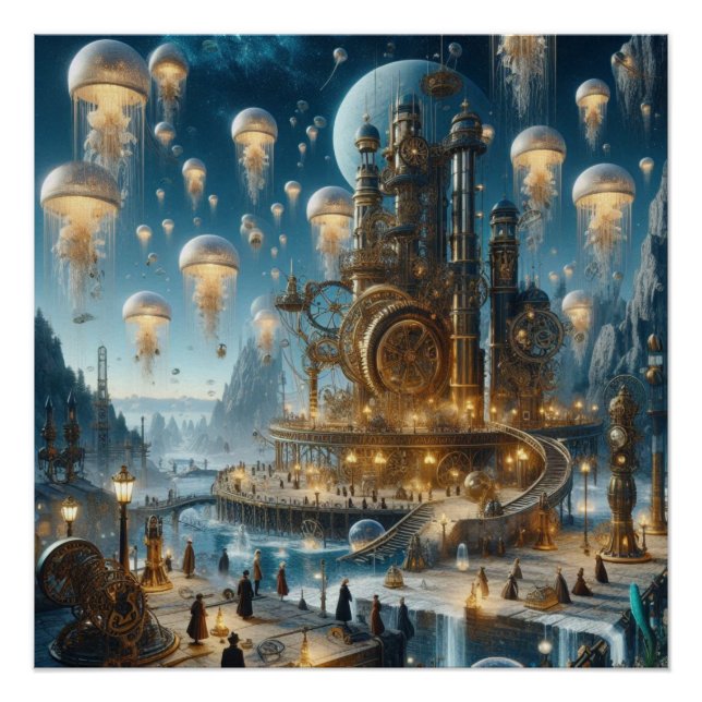 Steampunk Futuristic Ancient City with Jellyfish  Poster (Front)
