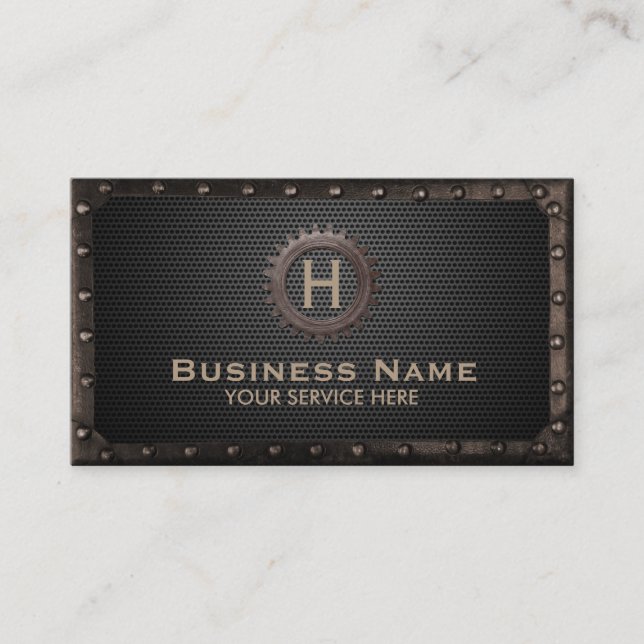 Steampunk Gear Monogram Dark Metal Vintage Business Card (Front)
