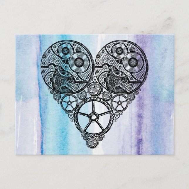 Steampunk Gear Valentine Heart Watercolor Wedding Holiday Postcard (Front)