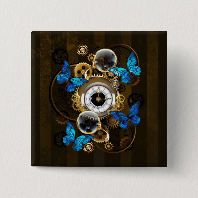 Steampunk Gears and Blue Butterflies 15 Cm Square Badge (Front)