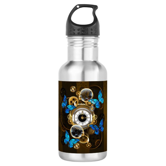 Steampunk Gears and Blue Butterflies 532 Ml Water Bottle (Front)