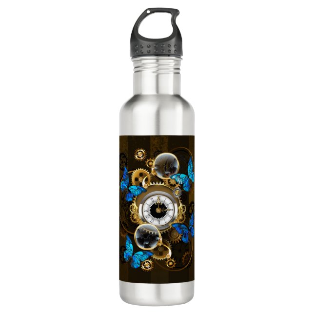 Steampunk Gears and Blue Butterflies 710 Ml Water Bottle (Front)